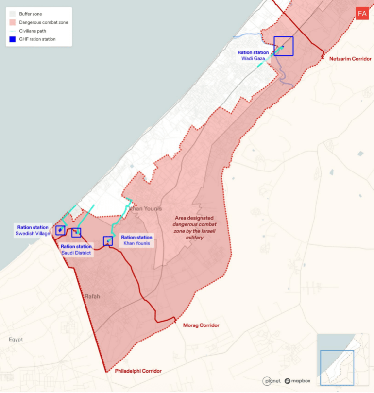 The GHF ration stations and the routes designated to reach them, are within areas designated by the Israeli military as ‘dangerous combat zone’ and therefore unsafe for Palestinians [Forensic Architecture]