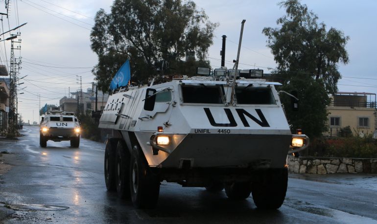 UN peacekeepers (UNIFIL) vehicles ride along a street amid ongoing hostilities between Hezbollah and Israeli forces, in Marjayoun, near the border with Israel, southern Lebanon November 19, 2024. REUTERS/Karamallah Daher