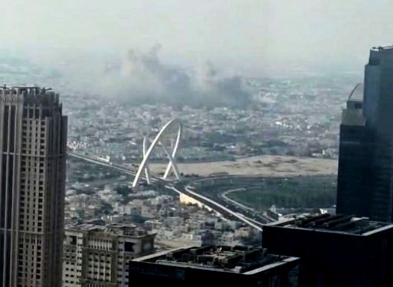 Smoke rises after an explosion caused by an Israeli drone attack.