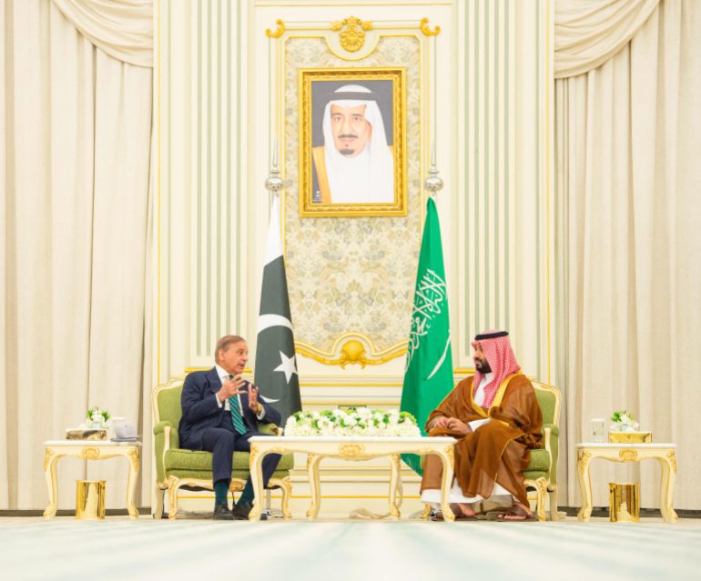 A handout picture provided by the Saudi Press Agency (SPA) on September 17, 2025, shows Saudi Arabia's Crown Prince Mohammed bin Salman (R) meeting with Pakistan's Prime Minister Shehbaz Sharif ahead of their meeting in Riyadh.