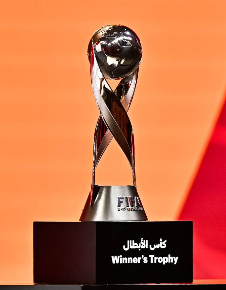 The FIFA U-17 World Cup trophy is on display during the FIFA U-17 World Cup and FIFA Arab Cup Qatar 2025 Finals Draw in Doha, Qatar, on May 25, 2025. (Photo by Noushad Thekkayil/NurPhoto via Getty Images)