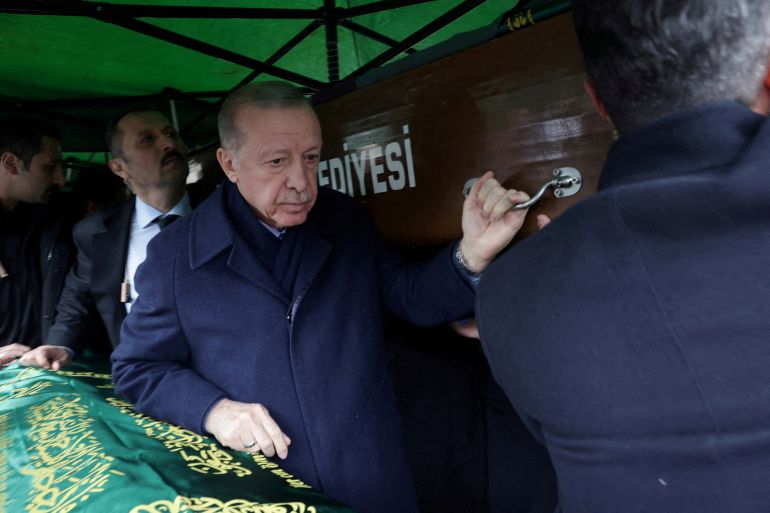 Turkish President Tayyip Erdogan attends a funeral ceremony for the victims of the deadly hotel fire at Kartalkaya ski resort, in Bolu, Turkey, January 22, 2025. Adem Altan/Pool via Reuters TPX IMAGES OF THE DAY