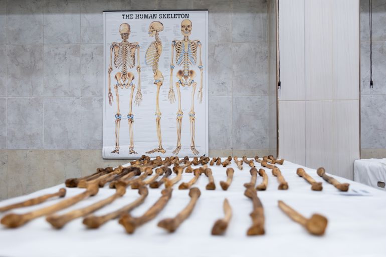 The scale of work ahead for Syria's forensic scientists is difficult to comprehend. This table, covered in femurs, was exhumed from just one mass grave.