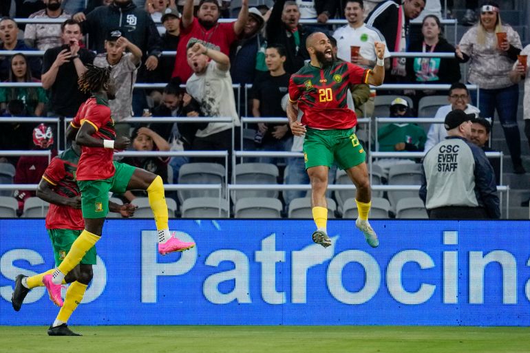 Cameroon forward Bryan Mbeumo (20) celebrates his goal against Mexico during the first half of a friendly soccer match Saturday, June 10, 2023, in San Diego. (AP Photo/Gregory Bull)