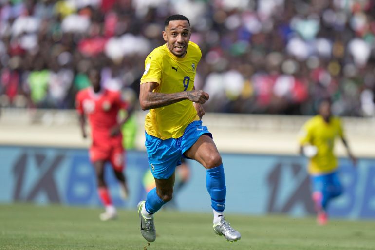 Gabon's Pierre-Emerick Aubameyang runs during the World Cup group F qualifying soccer match between Kenya and Gabon at the Nyayo national stadium in Nairobi, Kenya, Sunday March 23, 2025. (AP Photo/Brian Inganga)