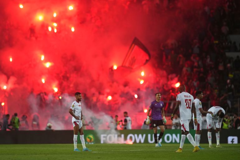 Wydad's players react after Al Ahly's Mohamed Abdelmonem scored his side's opening goal during the CAF Champions League final soccer match between Morocco's Wydad Athletic Club and Egypt's Al Ahly SC, at the Mohammed V stadium, in Casablanca, Morocco, Sunday, June 11, 2023. (AP Photo/Mosa'ab Elshamy)