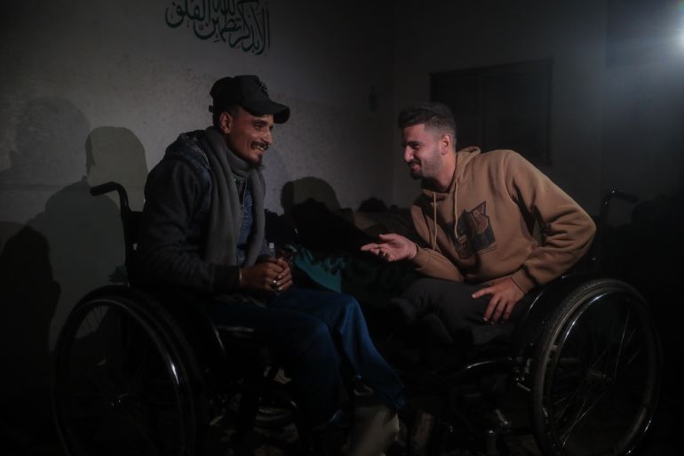 Abdullah Nattat and his cousin Diaa Abu Nahl find solace in their shared suffering and hope to be able to travel abroad for treatment and prosthetic limbs [Abdelhakim Abu Riash/ media]