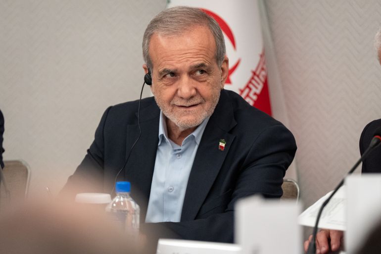 Masoud Pezeshkian, the President of Iran, takes questions from the media at a press briefing in New York, Friday, Sept. 26, 2025. (AP Photo/Angelina Katsanis)