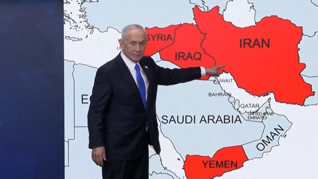 Netanyahu next to Middle East map: ‘We strangled them and have more to do’ Netanyahu next to Middle East map: ‘We strangled them and have more to do’