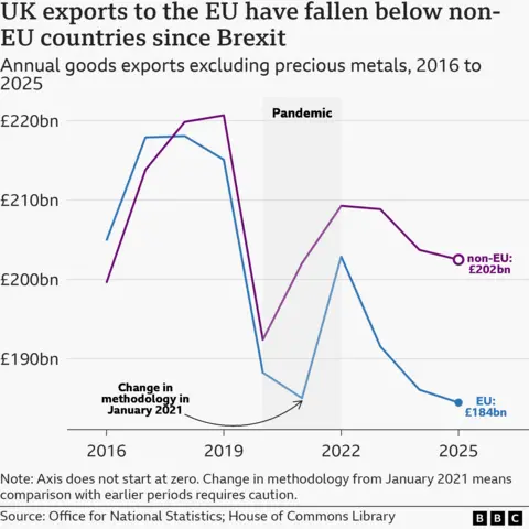 A line chart with two lines showing the difference in value of annual goods exports from the UK to EU and non-EU countries between 2016 and 2025. The blue EU line rises from around £205 billion to about £218 billion in 2018, before dropping over time to a low of £184 billion in 2025. The purple non-EU line starts from just below £200 billion and rises higher - over £220 billion - in 2019, before dropping and rising again between the pandemic and 2025. The final value settles on £202 billion
