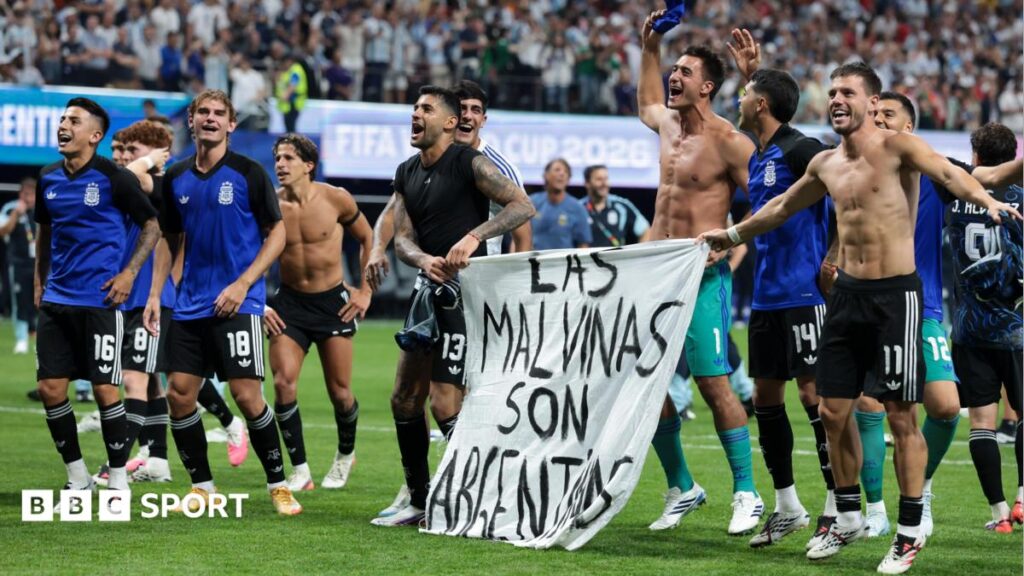 Argentina face fine for Falklands banner in semi-final winArgentina face the prospect of a Fifa fine after their players celebrate the World Cup semi-final win against England with a banner in support of their country's claims to the Falkland Islands.30 mins agoEngland Men Argentina face fine for Falklands banner in semi-final winArgentina face the prospect of a Fifa fine after their players celebrate the World Cup semi-final win against England with a banner in support of their country's claims to the Falkland Islands.30 mins agoEngland Men