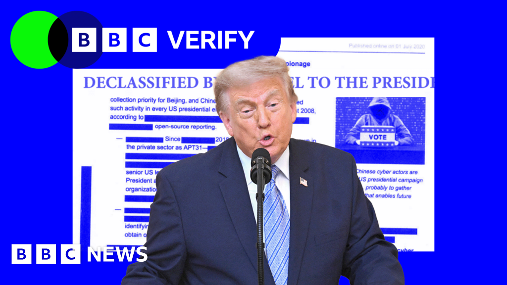 Do declassified files support Trump's election security claims?BBC Verify has reviewed these documents, although some of them have been heavily redacted.57 mins agoUS & Canada Do declassified files support Trump's election security claims?BBC Verify has reviewed these documents, although some of them have been heavily redacted.57 mins agoUS & Canada