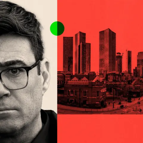 BBC A montage image - on the left is the right-hand half of Andy Burnham's face in black and white. He is a white man with dark hair and dark glasses. To the right of the image is a photograph showing a skyline of Manchester, with a red background. A green dot sits across the two images.