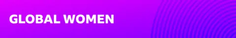 Graphic with Global Women written in white on a purple background, with blueish-purple arcs taken from concentrically arranged circles on the right.