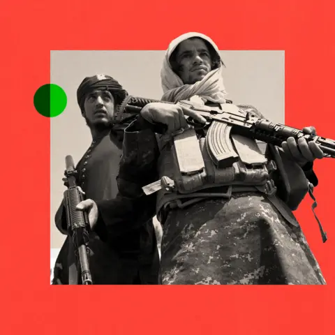 BBC A treated image showing a black-and-white photo of two Taliban fighters holding rifles and wearing head coverings. They are both looking away from the camera. The image has a red border and the InDepth logo