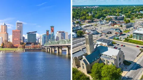 Getty Images Skyline of Portland, Oregon on the left showing a big city and an aerial view of Muncie in Indiana on the right showing a small town