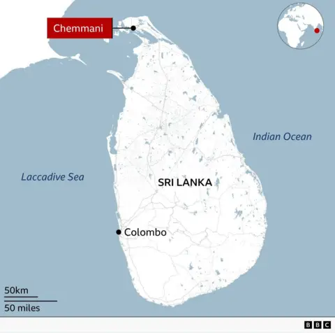 Map of Sri Lanka showing location of Chemmani in the far north of the country.