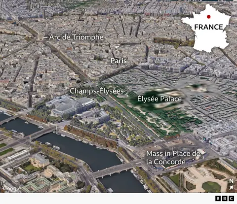 Aerial map of central Paris showing where the Pope is due to hold mass in the Place de la Concorde
on Saturday. The Élysée Palace and nearby landmarks are also labelled - the Arc de Triomphe, Champs-Élysées and Paris city centre. An inset map of France highlights the capital’s location in the north of the country.