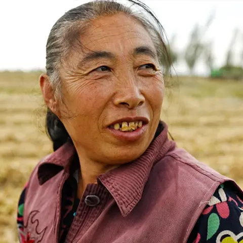 BBC Close-up portrait of a woman with greying hair pulled back, looking to one side while standing in a yellow field