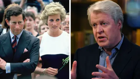 Getty Images / BBC A composite image shows on the left Charles wearing a dark suit, blue shirt and red and blue tie, and Diana next  to him wearing a white and navy block dress colour and holding a single flower. On the right is Earl Spencer wearing a black suit jacket and chequered open-necked shirt and gesturing with his hands as he speaks to camera.