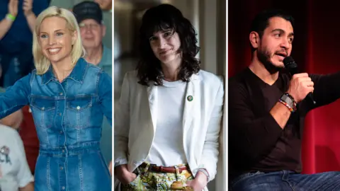 Getty Images Composite image of Ashley Hinson, Marie Gluesenkamp Perez and Abdul El-Sayed. Hinson (left) wears a dark denim dress, Gluesenkamp Perez (centre) wears a light blazer over a light top, and El-Sayed (right) wears a dark V-neck jumper and holds a microphone.