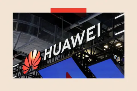 Reuters The Huawei orange leaf logo and the HUAWEI name in white letters, seemingly attached to some kind of metal frame