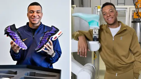 PSG via Getty Images/On A composite image showing, on the left, French footballer Kylian Mbappé posing for a picture with a purple Nike shoes. On the right image, Mbappé poses for a photo in an On shoe making lab.  