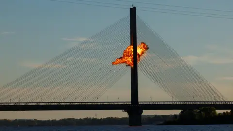 Reuters A Russian drone explodes after hitting cables of Kyiv's Pivdennyi bridge. Photo: 2 October 2026