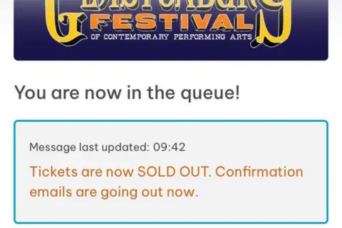 A screen grab of a screen showing a message that reads Tickets are now sold out. Confirmation emails are going out now.