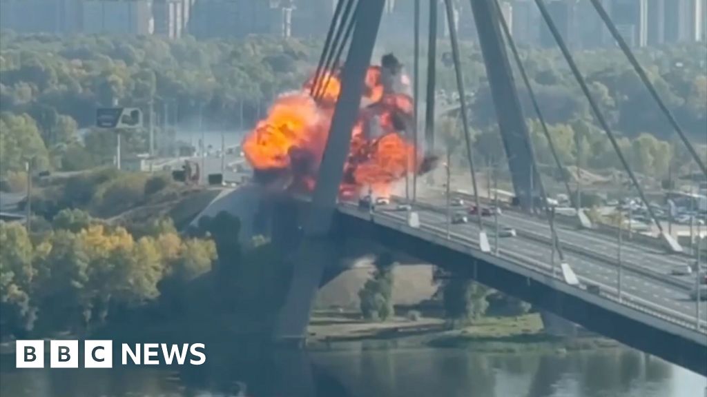 Kyiv bridge hit in further Russian drone attack as German chancellor makes surprise visitFootage shows a drone hitting the Pivnichyi (Northern) Bridge as vehicles move across it, creating a large fireball.10 hrs agoEurope Kyiv bridge hit in further Russian drone attack as German chancellor makes surprise visitFootage shows a drone hitting the Pivnichyi (Northern) Bridge as vehicles move across it, creating a large fireball.10 hrs agoEurope