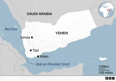 A map of Yemen, showing the position of Sanaa in the west, Taiz in the south-west, and Aden on the south-west coast. The Bab al-Mandab Strait to the south-west tip of Yemen is also marked. The Red Sea is to the west of the country, and Saudi Arabia is to the north of Yemen. 