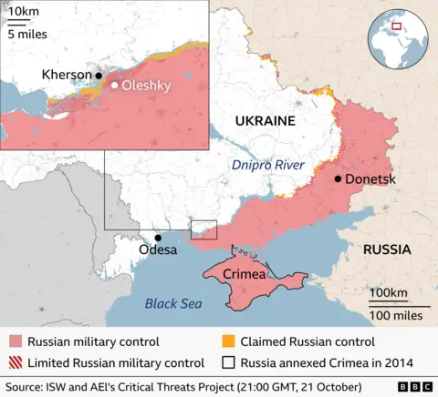 Map showing the location of the Russian-occupied Oleshky city in southern Ukraine. The location of the Ukrainian-controlled regional capital of Kherson is to the north-west of Oleshky, across the Dnipro River.