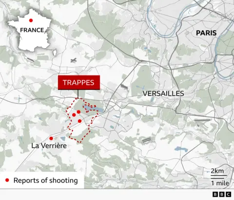 Map showing the location of Trappes, a town southwest of Paris in the Yvelines department of France. A dashed outline marks the boundary of Trappes, with four red dots indicating reported shootings. Three of the reported shootings are clustered within or close to the town, while a fourth is shown near the neighbouring area of La Verrière. An inset map locates the area within France, and labels show nearby Paris and Versailles for reference.