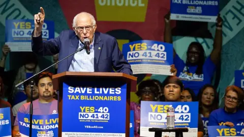Getty Images US Senator Bernie Sanders speaks at the "Ballots Over Billionaires" rally on Monday, Oct. 5, 2026 in Los Angeles, CA.
