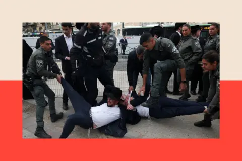 Reuters Two Haredi men are being removed by force by members of the Israel Border Force