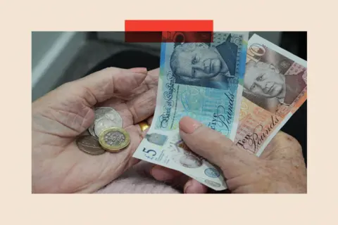 PA Media A pair of hands holding money. There are £5 and £10 notes and a couple of coins including pounds and 50 pence pieces.