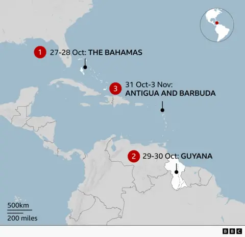 Map of the Caribbean and northern South America showing a three-stop itinerary: The Bahamas (27-28 October), Guyana (29-30 October), and Antigua and Barbuda (31 October-3 November). Red numbered markers indicate each stop