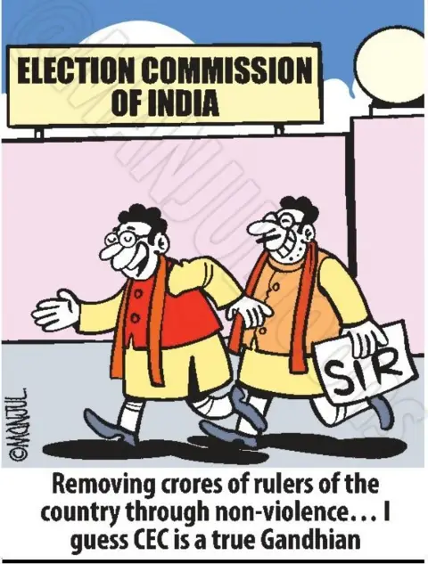Manjul Cartoon by Manjul showing two smiling politicians walking past a sign reading “Election Commission of India,” with one carrying a document marked “SIR.” The caption reads: “Removing crores of rulers of the country through non-violence... I guess CEC is a true Gandhian.” The cartoon satirises the voter roll revision exercise and its alleged removal of large numbers of voters from electoral rolls.