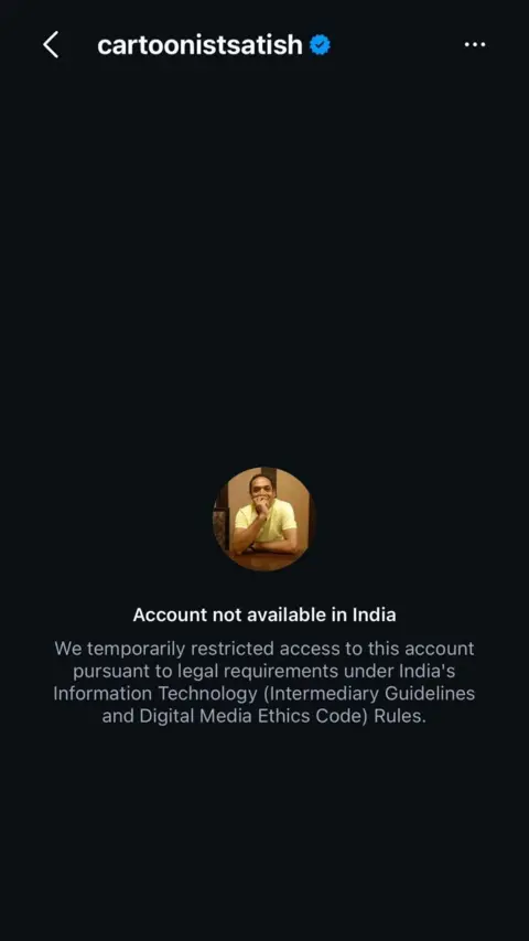 An instagram profile screenshot which reads: "Account not available in India. We temporarily restricted access to this account pursuant to legal requirements under India's Information Technology (Intermediary Guidelines and Digital Media Ethics Code) Rules."