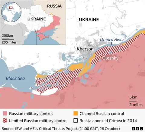 Map of the front line in Ukraine's Kherson region. Ukrainian-held Kherson lies north of the Dnipro River, while Russian-controlled territory extends south towards occupied Crimea. A striped zone around Oleshky along the river's southern bank indicates limited Russian military control, with smaller areas marked as claimed Russian control. An inset map shows the wider area in southern Ukraine.