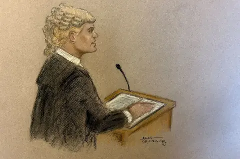 Julia Quenzler Court sketch of Prosecutor Riel Karmy-Jones KC in Russell Brand trial at Southwark Crown Court.