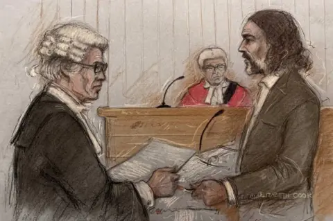 Elizabeth Cook/Press Association Court artist sketch by Elizabeth Cook of Russell Brand being questioned by his barrister Mr Winter KC at Southwark Crown Court, London