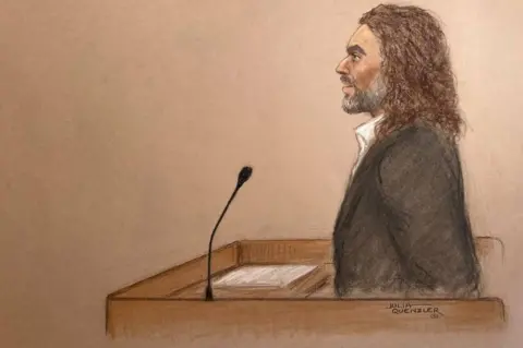 Julia Quenzler Court sketch of Russell Brand giving evidence at Southwark Crown Court.