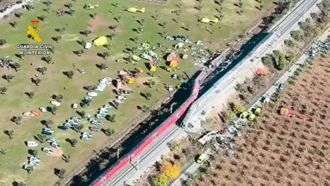 EPA Aerial shot showing the track where two trains have collided.