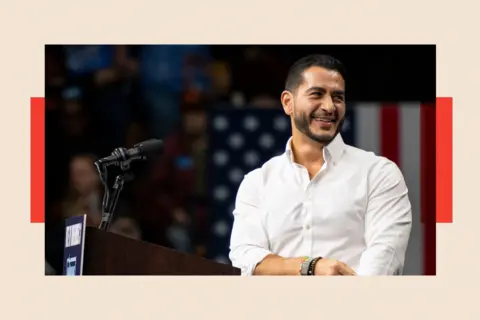 EPA Abdul El-Sayed on stage wearing a white shirt