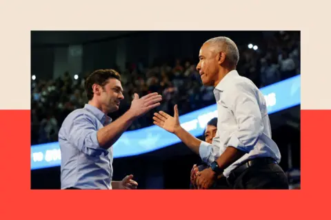 Reuters Jon Ossoff and Barack Obama high five on stage at a rally