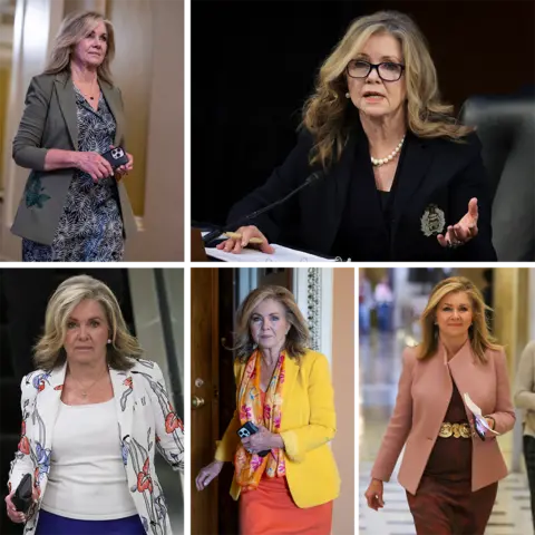 BBC News Collage of five photographs showing Senator Marsha Blackburn. The outfits include a grey blazer over a patterned dress, a dark blazer with pearl necklace and glasses, a white floral-print blazer over a white top, a bright yellow blazer with a colourful scarf and coral skirt, and a pale pink blazer worn over a dark dress with a decorative belt.