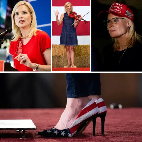 BBC News Collage of four photographs showing Ashley Hinson in different campaign settings. In one image, she speaks at a lectern wearing a bright red top and patterned neck scarf. Another shows her in a sleeveless denim dress holding a violin in front of a large US flag. A third shows her wearing glasses and a red baseball cap with white lettering. The final close-up image shows a pair of high-heeled shoes decorated with the stars and stripes of the US flag.