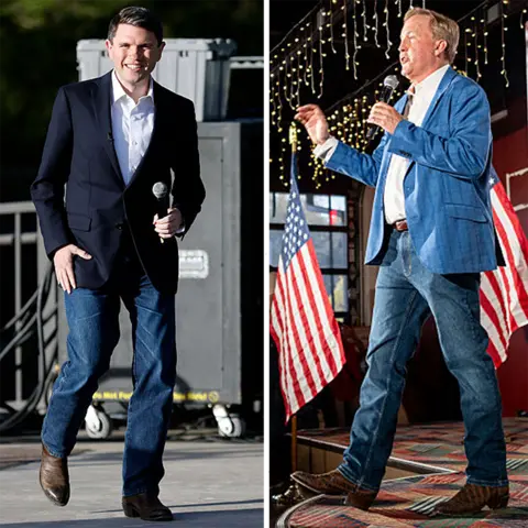 Getty Images Side-by-side images of James Talarico and Ken Paxton at campaign events. Talarico wears a dark blazer, white open-collar shirt, jeans and brown boots while holding a microphone. Paxton wears a light blue blazer, white shirt, jeans and brown boots while speaking into a microphone, with US flags visible in the background.