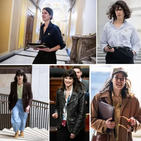 BBC News Collage of five photographs of Marie Gluesenkamp Perez wearing different outfits. She is shown in a navy shirt and black trousers in a congressional building, a blue-and-white striped shirt with dark trousers, a brown pinstriped blazer with a pale green polo shirt and light blue trousers, a black leather jacket over a white shirt, and a camel-coloured coat and baseball cap while carrying a folder.